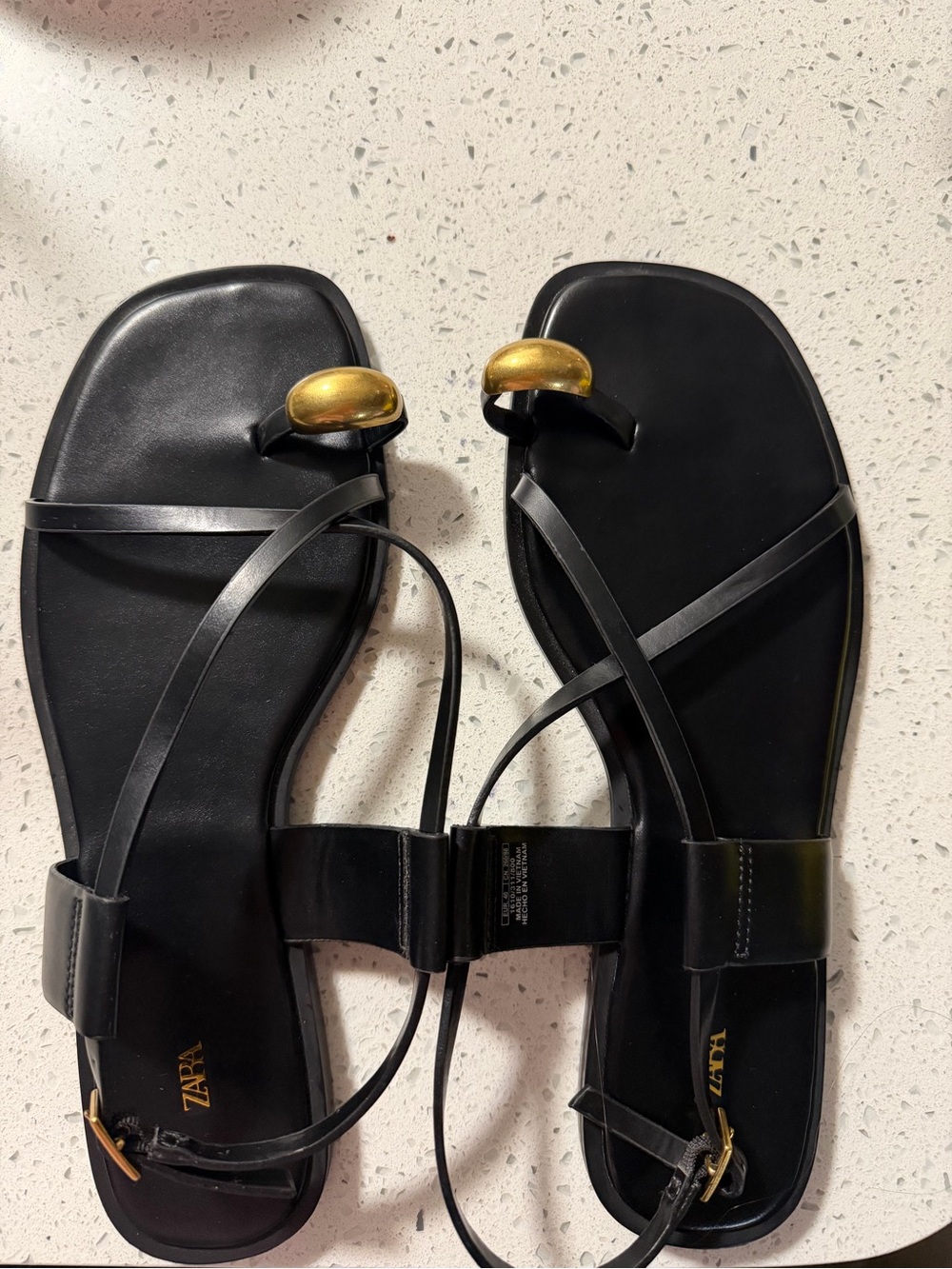 ZARA Black Strappy Toe-Ring Sandals with Gold Accent